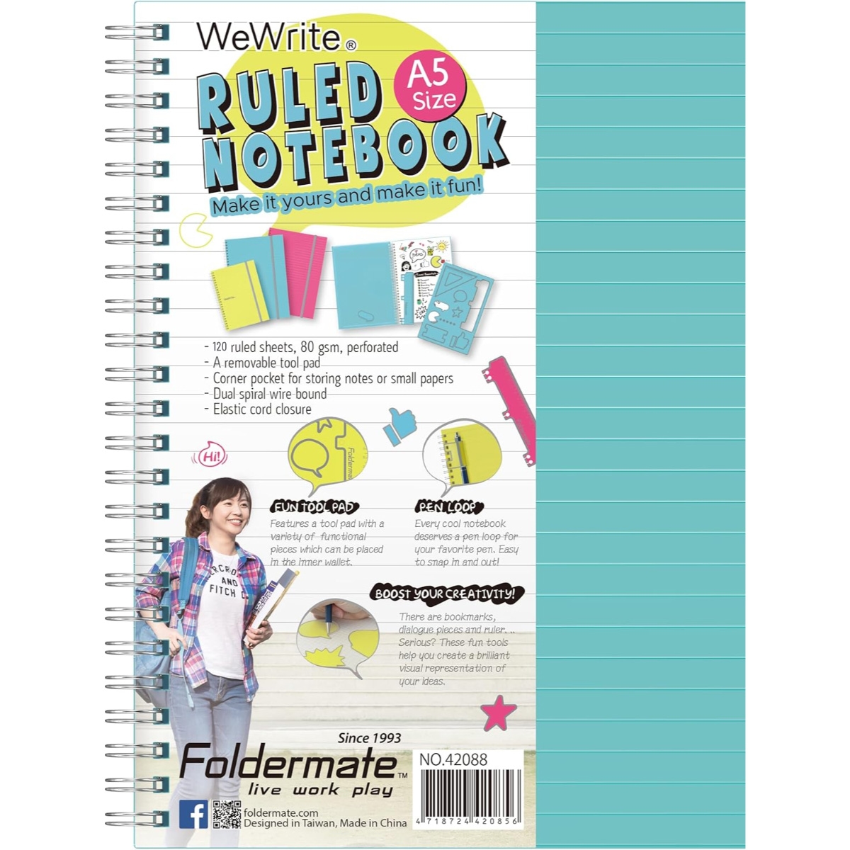 فوردورمايت دفتر بسلك حلزوني بحجم A5، 120 ورقة، وزن 80 غرام، تصميم وي رايت، لون باستيل، لثلاث مواد، ألوان متنوعة، مجموعة من 12