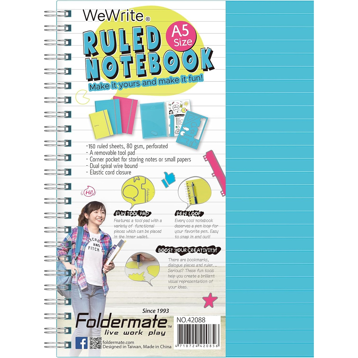 فوردورمايت دفتر بسلك حلزوني بحجم A5، 150 ورقة، وزن 80 غرام، تصميم وي رايت، لون منتظم، لخمس مواد، ألوان متنوعة، مجموعة من 10