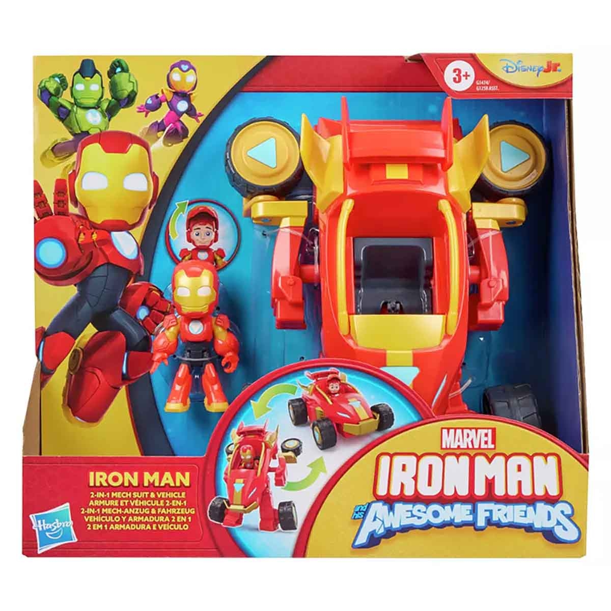 آيرون مان وأصدقاؤه الرائعون مجموعة لعب 2 في 1 بدلة ميك وآلية ومركبة للجنسين من عمر 3-4 سنوات