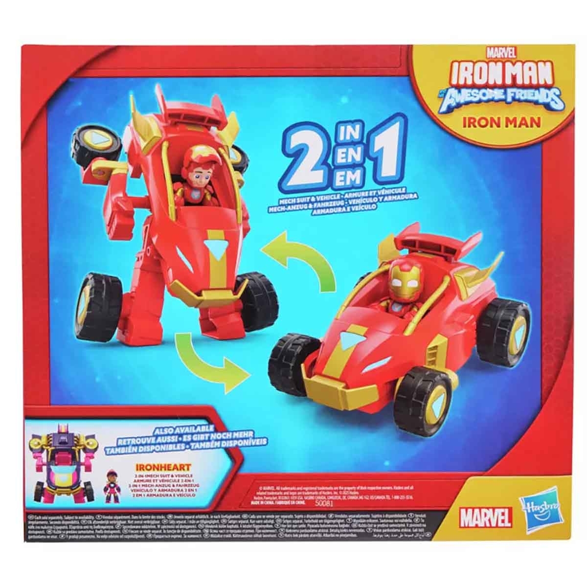 آيرون مان وأصدقاؤه الرائعون مجموعة لعب 2 في 1 بدلة ميك وآلية ومركبة للجنسين من عمر 3-4 سنوات