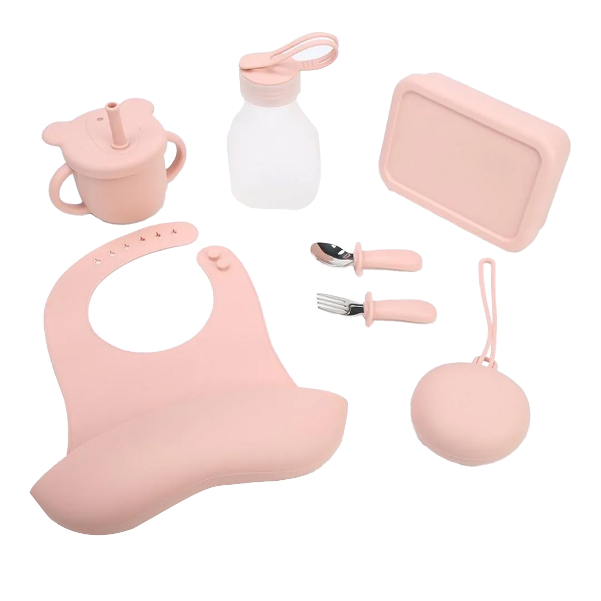بيبي دريم طقم هدية للتغذية أثناء السفر من السيليكون بلون وردي للأطفال من عمر 0 إلى 2 سنة، مجموعة من 7