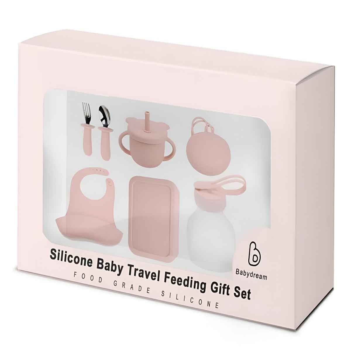 بيبي دريم طقم هدية للتغذية أثناء السفر من السيليكون بلون وردي للأطفال من عمر 0 إلى 2 سنة، مجموعة من 7