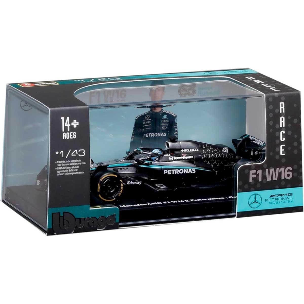 بوراغو سيارة مرسيدس-AMG بتروناس F1 W16 Team موديل معدن مصبوب بمقياس 1:43 مع خوذة للأولاد، 13+ سنوات
