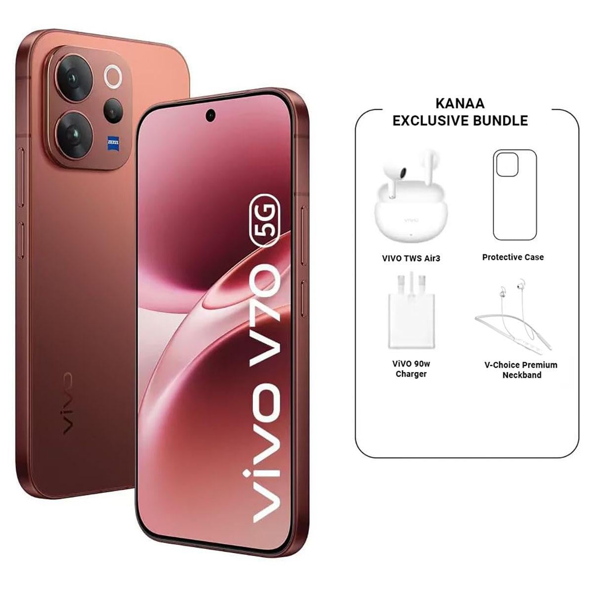 فيفو V70 5G (رام 12 جيجابايت، سعة 256 جيجابايت)، إصدار السعودية - بني خشب الصندل مع باقة سماعات TWS + نيكباند + شاحن + حافظة حماية