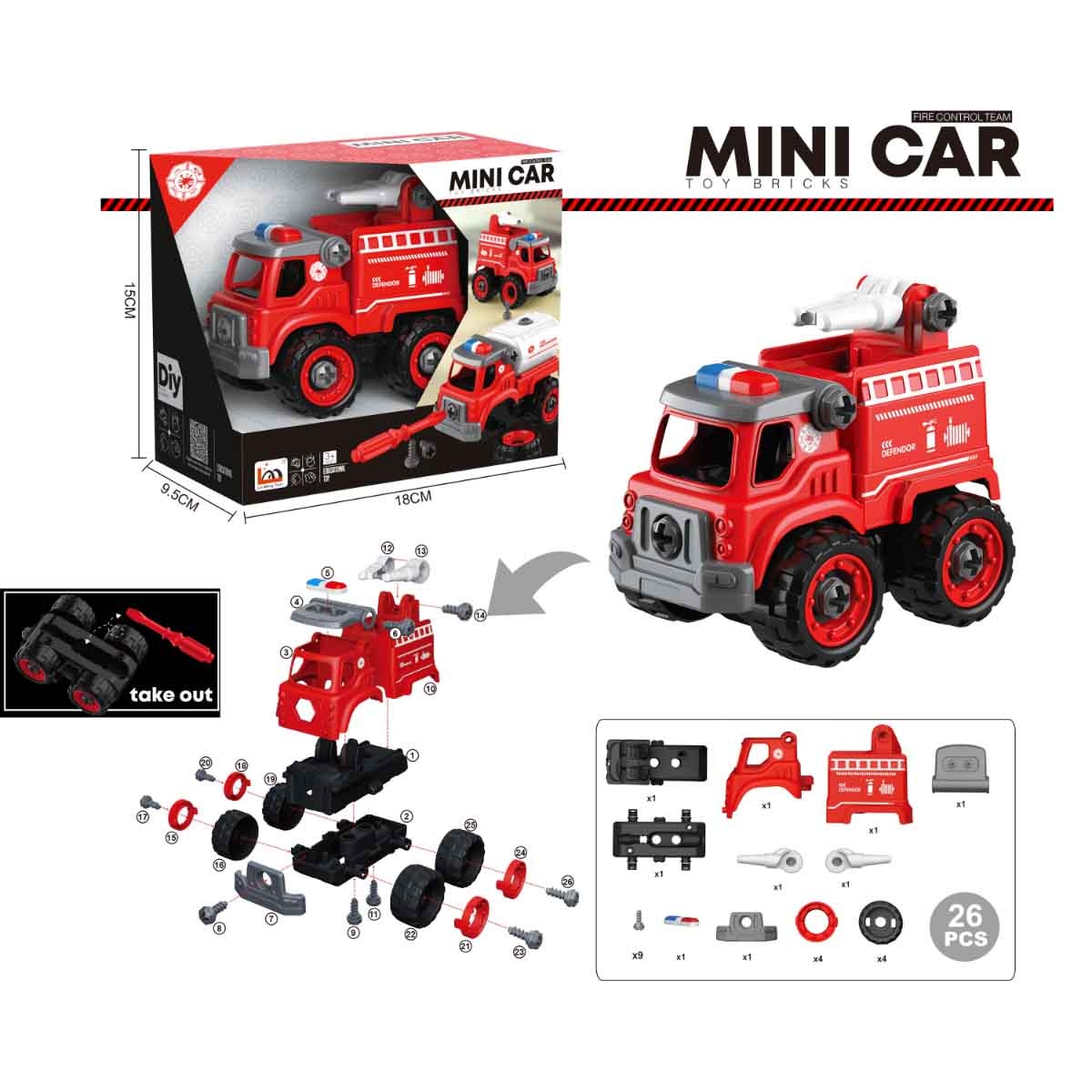 لي منغ تويز سيارة إطفاء من مكعبات تركيب صغيرة للجنسين، من عمر 3-4 سنوات