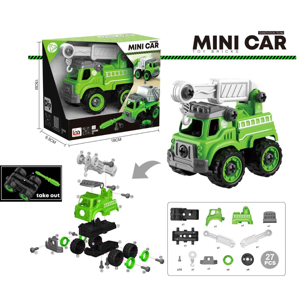 لي منغ تويز شاحنة إدارة نفايات من مكعبات تركيب صغيرة للجنسين، من عمر 3-4 سنوات