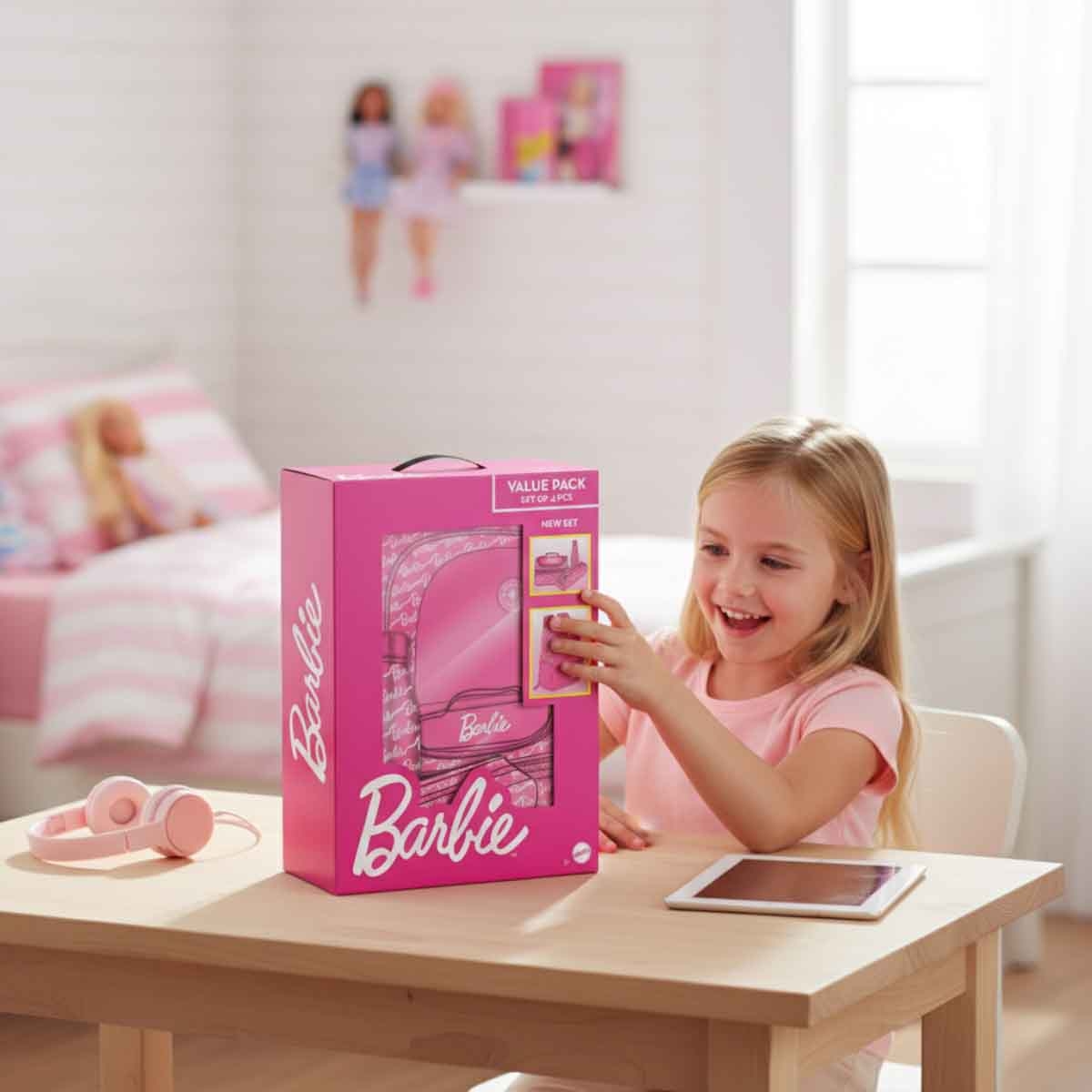 باربي مجموعة حقيبة ظهر 4 في 1 مع حقيبة غداء ومقلمة وزجاجة ماء