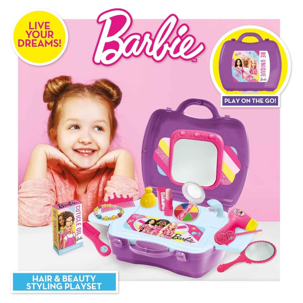 باربي مجموعة حقيبة سفر لتصفيف الشعر والجمال للبنات، 3-4 سنوات