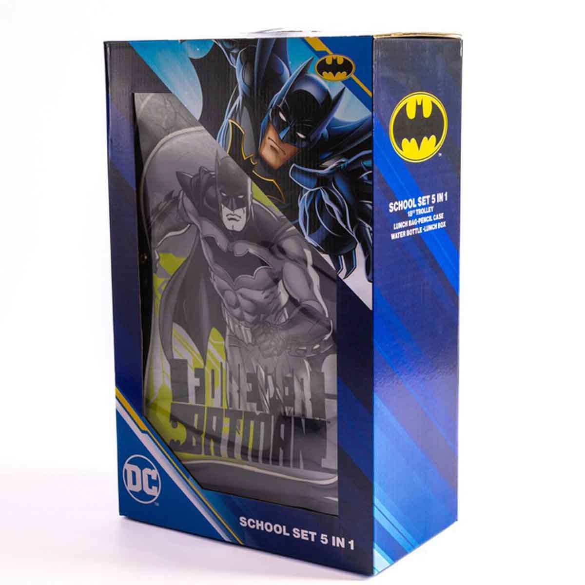 باتمان مجموعة حقيبة ترولي مدرسية 5 في 1 باللون الرمادي الداكن مقاس 18 انش مع حقيبة غداء ومقلمة وزجاجة مياه وصندوق طعام