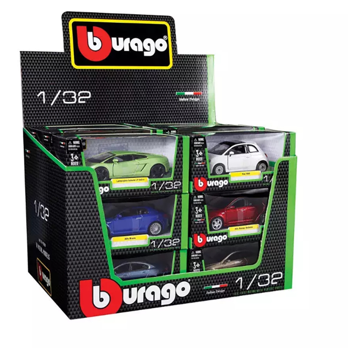 بوراغو سيارات مصبوبة معدنية متنوعة بمقياس 1:32 للأولاد، 3-4 سنوات، مجموعة من 18