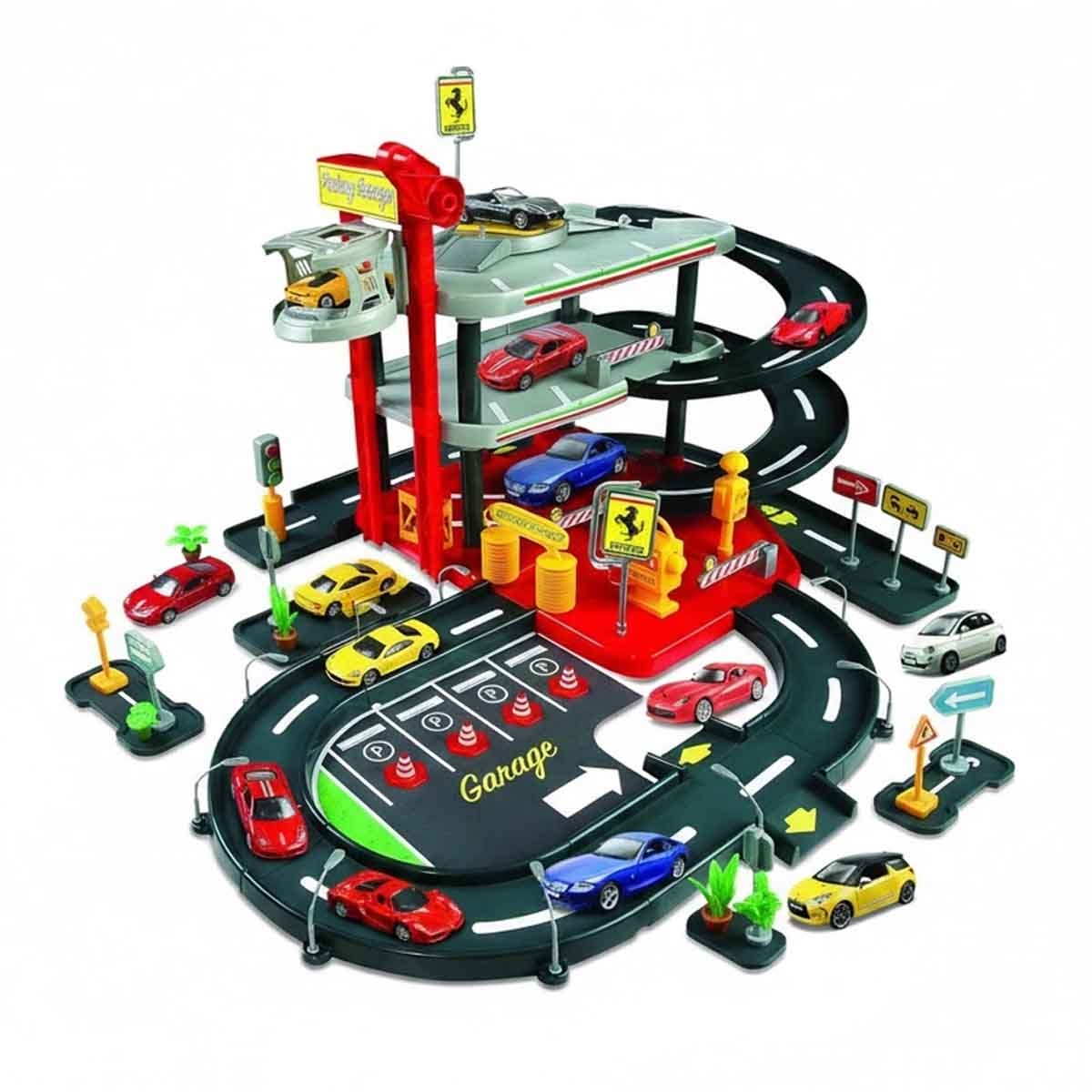 بوراغو مجموعة مرآب مواقف سيارات فيراري للسباق مع سيارة دايكاست متنوعة، للأولاد، 3-4 سنوات