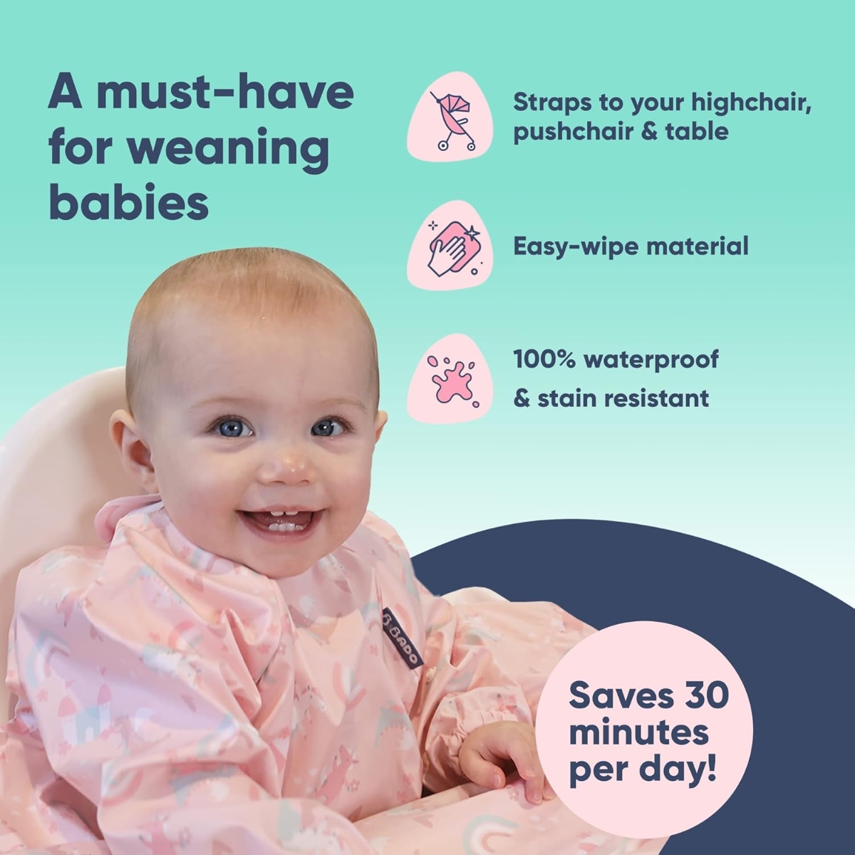 بيبادو مريلة شاملة مع مجموعة أدوات مائدة هاندي وردية للجنسين، 0-2 سنوات