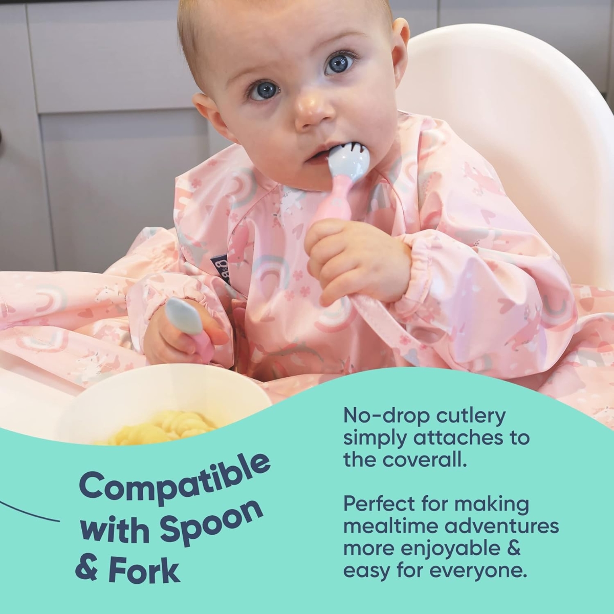 بيبادو مريلة شاملة مع مجموعة أدوات مائدة هاندي وردية للجنسين، 0-2 سنوات