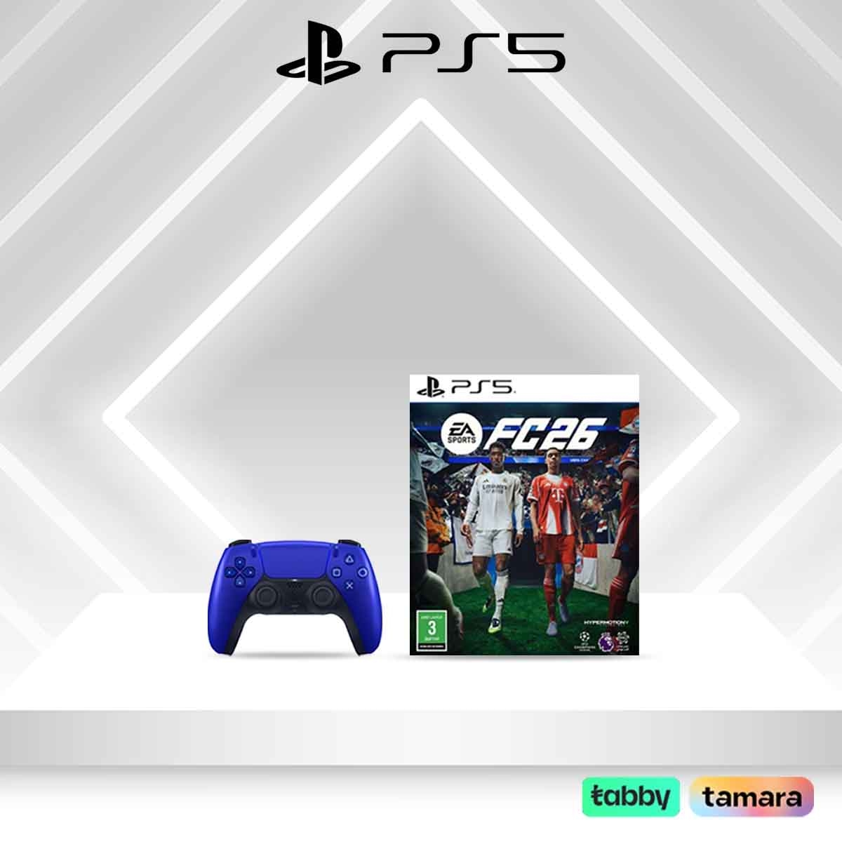 سوني وحدة تحكم لاسلكية دوال سينس بلون أزرق كوبالت لبلايستيشن 5 مع مجموعة لعبة فيديو FC26