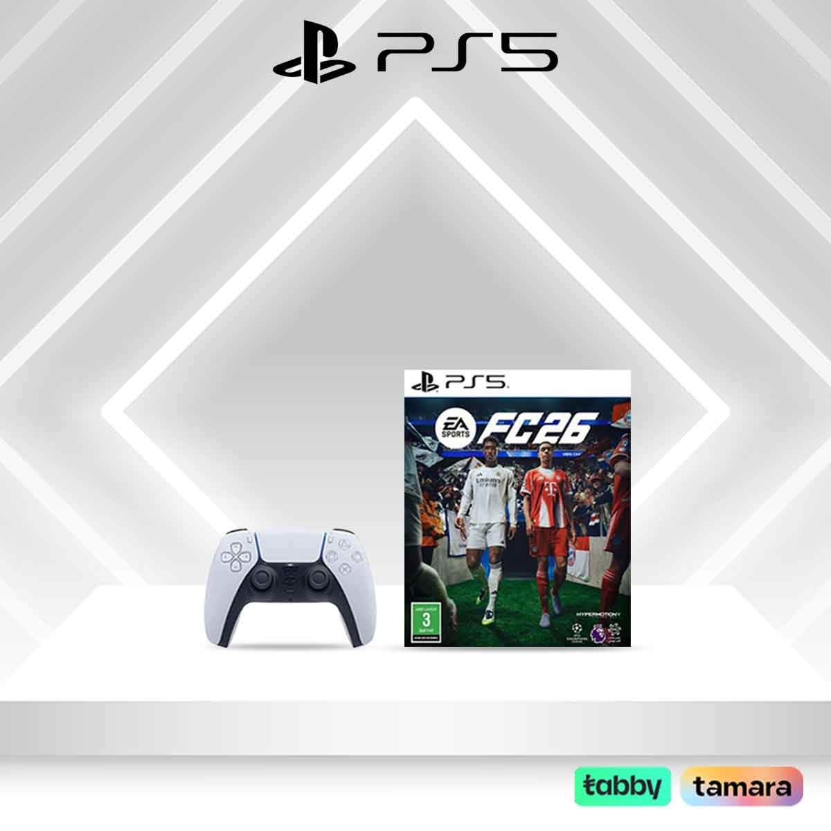 سوني وحدة تحكم لاسلكية دوال سينس باللون الأبيض لبلايستيشن 5 مع مجموعة لعبة فيديو FC26