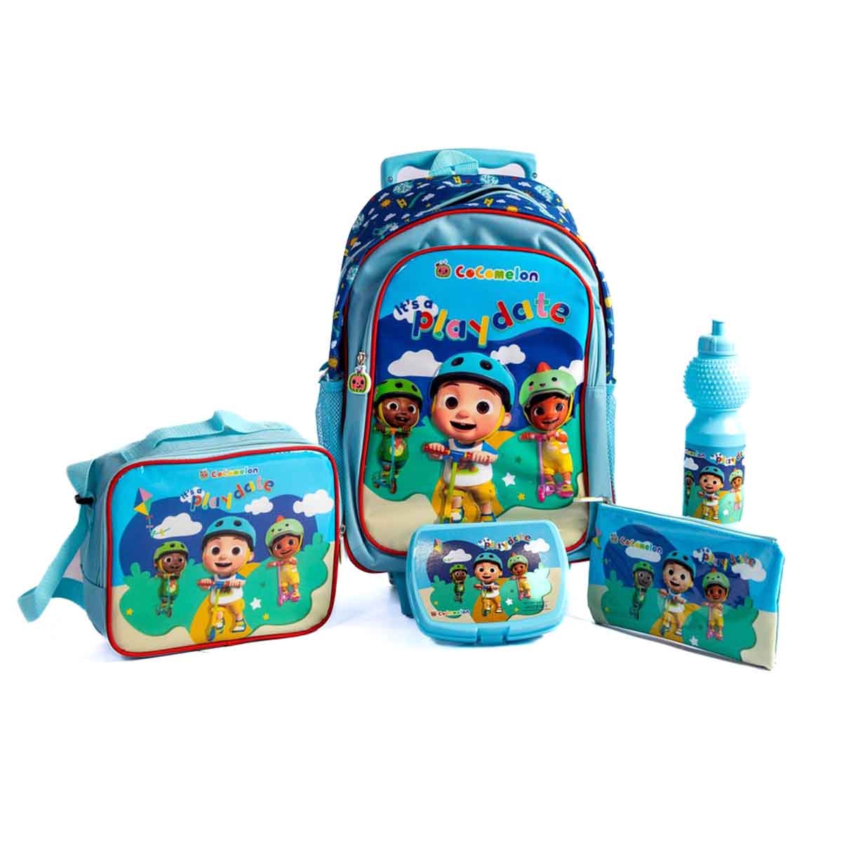 كوكوميلون مجموعة مدرسية 5 في 1 مع حقيبة ترولي مقاس 16 انش وحقيبة غداء ومقلمة وزجاجة مياه وصندوق طعام للجنسين من عمر 5-7 سنوات