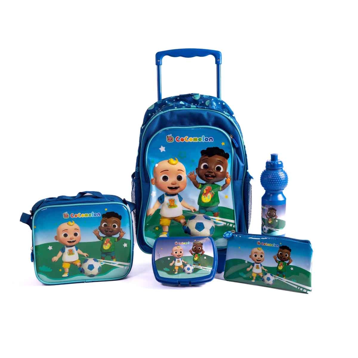 كوكوميلون مجموعة حقيبة ترولي مدرسية مقاس 16 انش 5 في 1 مع حقيبة غداء ومقلمة وزجاجة مياه وصندوق طعام للجنسين من عمر 5-7 سنوات