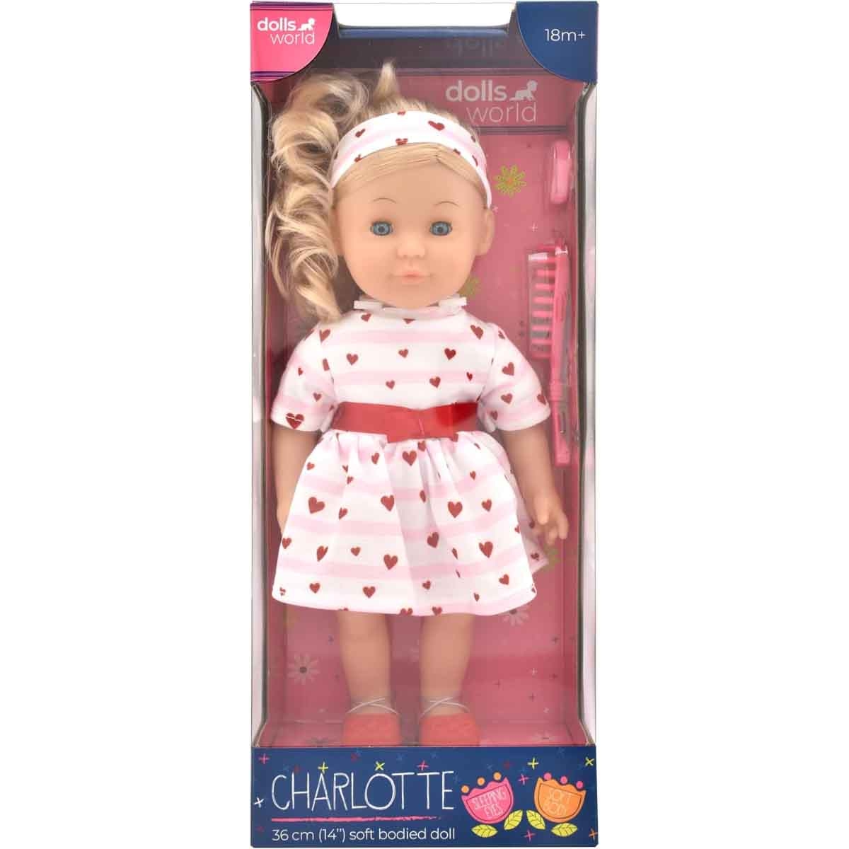 دولز وورلد دمية شارلوت أزياء بشعر ذهبي ناعمة الجسم 14 إنش للرضع، 0-2 سنوات