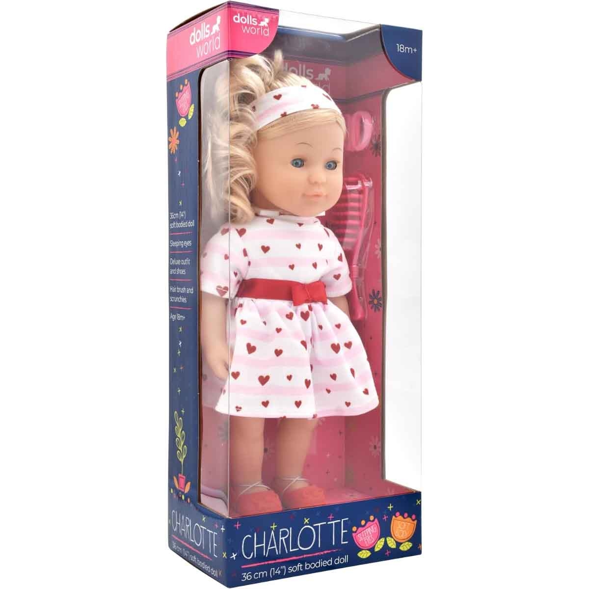 دولز وورلد دمية شارلوت أزياء بشعر ذهبي ناعمة الجسم 14 إنش للرضع، 0-2 سنوات