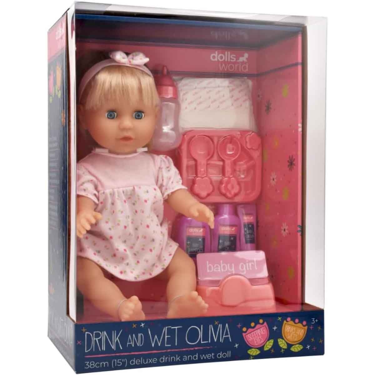 دولز ورلد دمية شرب وتبليل أوليفيا 15 إنش للبنات، 3-4 سنوات