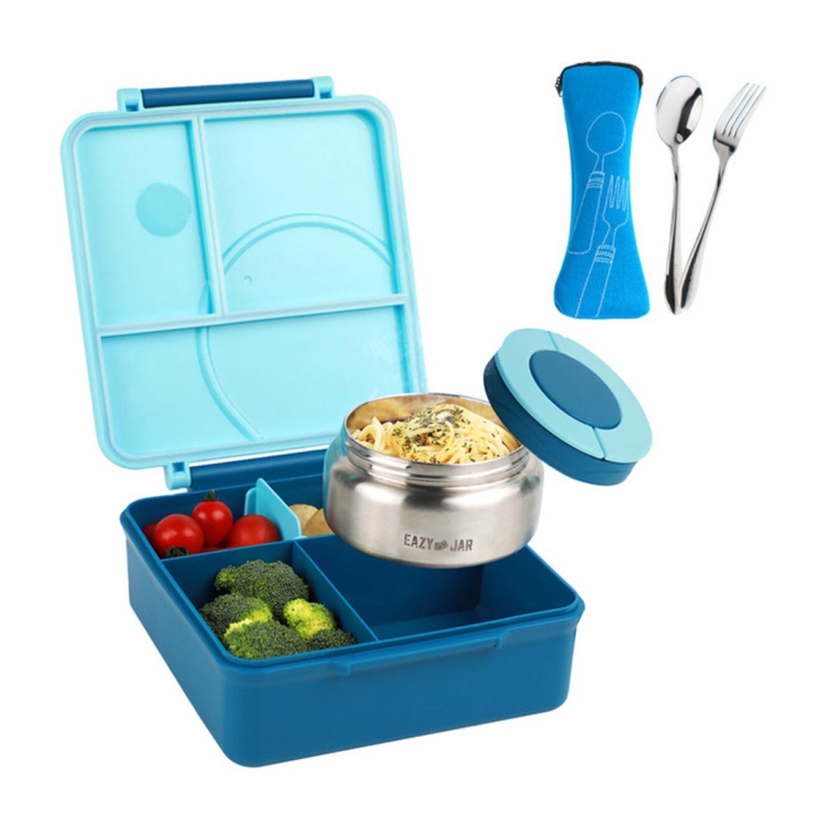 إيزي كيدز علبة غداء بنتو جامبو قابلة للتحويل بـ3/4 أقسام سعة 1600 مل مع وعاء صوص ستانلس ستيل مانع للتسرب 290 مل ومجموعة ملعقة وشوكة مع جراب