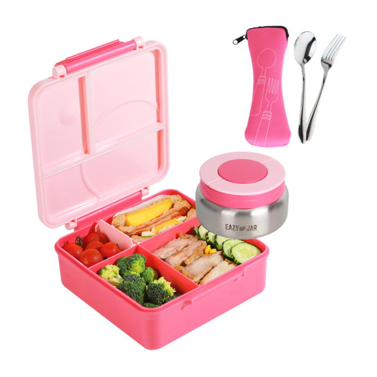 إيزي كيدز علبة غداء بنتو جامبو قابلة للتحويل بـ3/4 أقسام سعة 1600 مل مع وعاء صوص ستانلس ستيل مانع للتسرب 290 مل ومجموعة ملعقة وشوكة مع جراب
