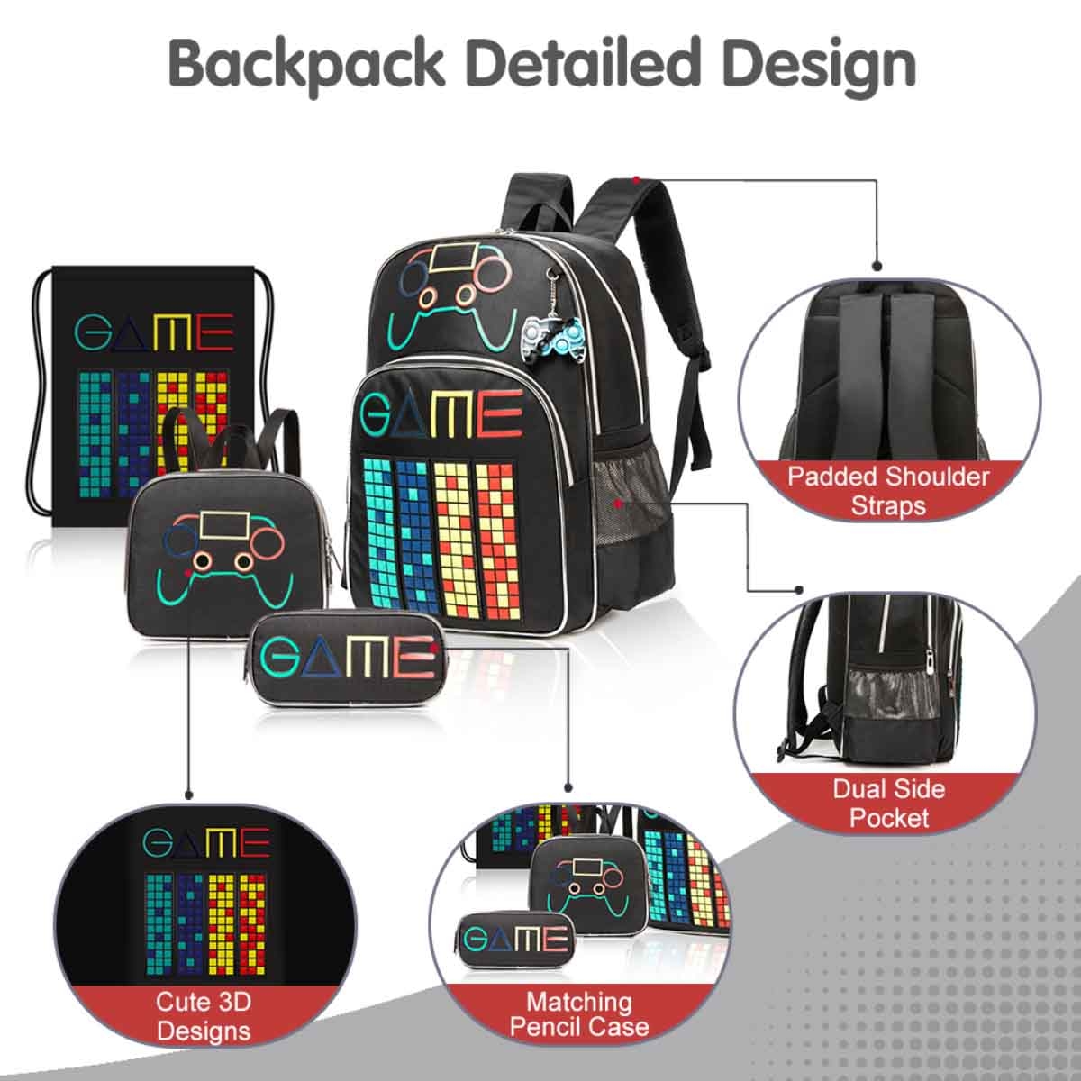 إيزي كيدز مجموعة 5 في 1 حقيبة مدرسية 17 إنش جين زد جيمر مع سماعة بلوتوث وحقيبة غداء وحقيبة نشاط وحقيبة أقلام