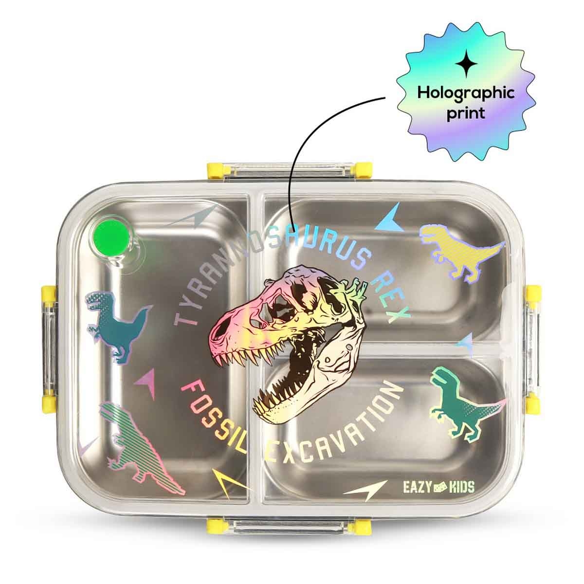 إيزي كيدز صندوق غداء بنتو من ستانلس ستيل بسعة 800 مل بثلاثة أقسام بتصميم تي ريكس مع حقيبة غداء