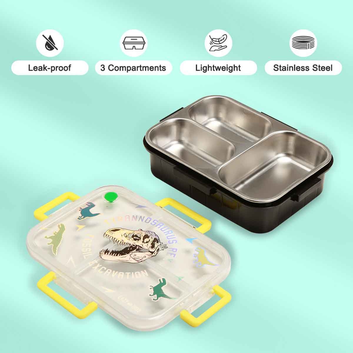 إيزي كيدز صندوق غداء بنتو من ستانلس ستيل بسعة 800 مل بثلاثة أقسام بتصميم تي ريكس مع حقيبة غداء