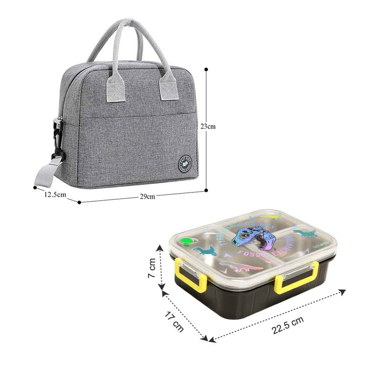 إيزي كيدز صندوق غداء بنتو من ستانلس ستيل بسعة 800 مل بثلاثة أقسام بتصميم تي ريكس مع حقيبة غداء