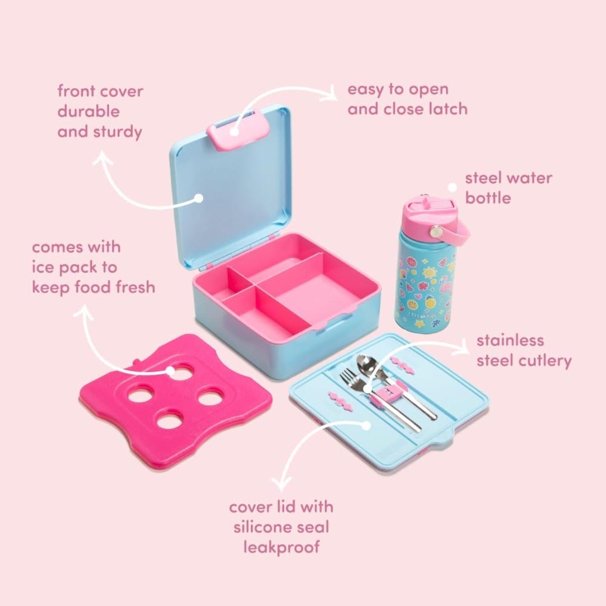 إيزي كيدز علبة غداء بنتو جامبو إيركرافت - مع قارورة ماء ستيل 360 مل وشنطة غداء معزولة ومجموعة ملعقة وشوكة