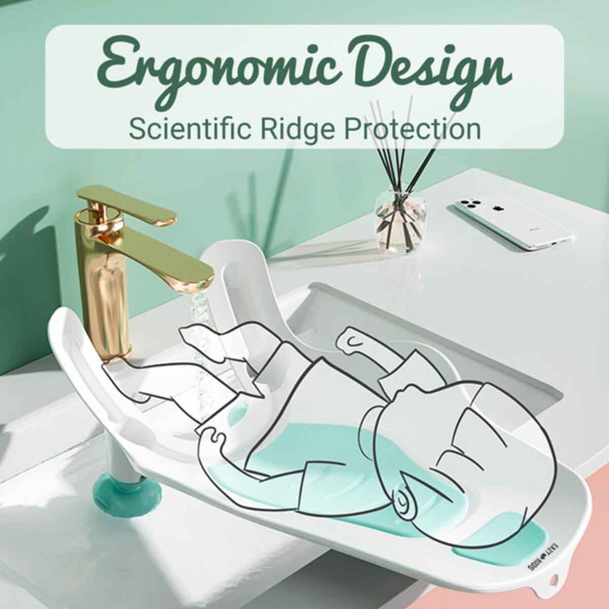 إيزي كيدز مجموعة حوض دعم استحمام 2 في 1 أخضر مع محطة تنظيف للأطفال، 0-2 سنة