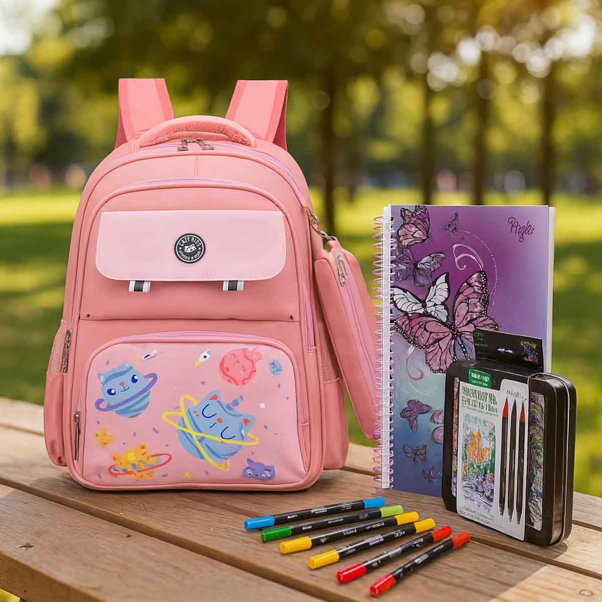 إيزي كيدز حقيبة مدرسية وردية مجموعة من إس دي إنوفاسوس غرافيكا دفتر وكرايولا أقلام تلوين