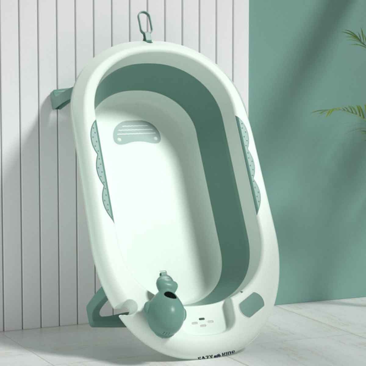 إيزي كيدز حوض استحمام قابل للطي باللون الأخضر مع مقياس حرارة وكوب غسل رأس الرضيع