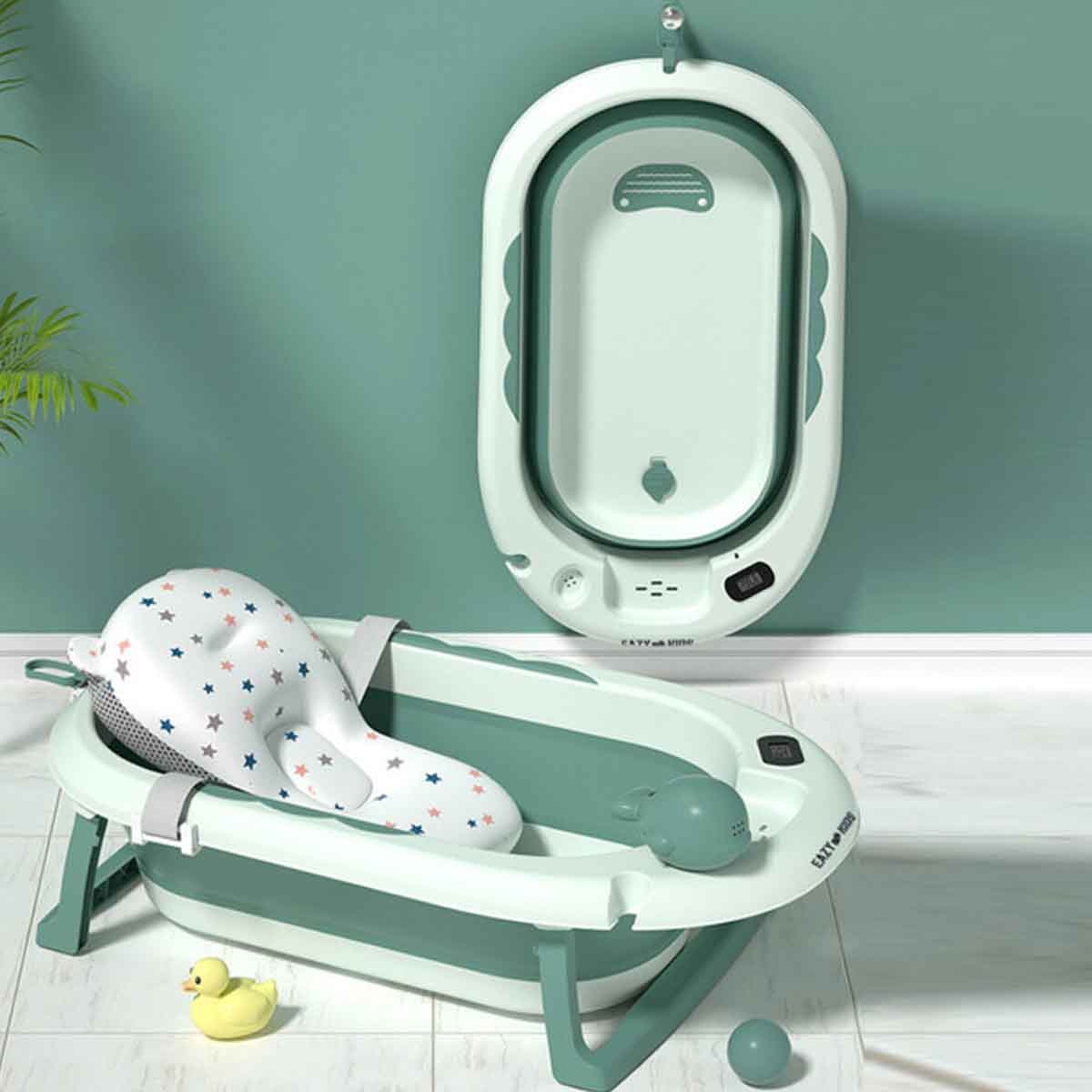 إيزي كيدز حوض استحمام قابل للطي باللون الأخضر مع مقياس حرارة وكوب غسل رأس الرضيع