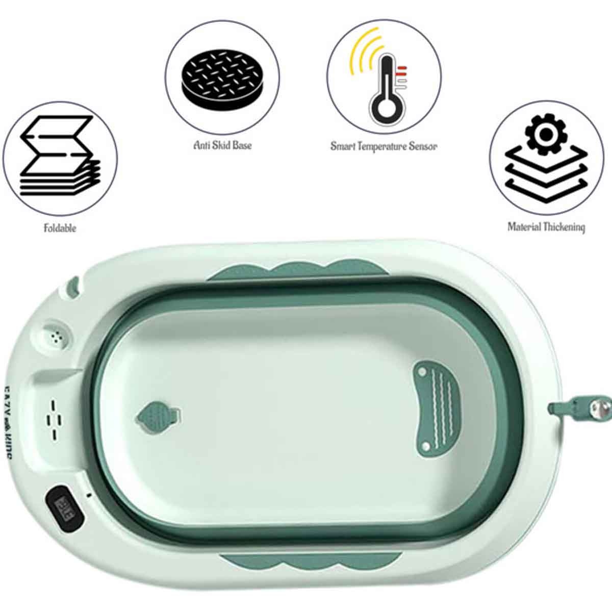 إيزي كيدز حوض استحمام قابل للطي باللون الأخضر مع مقياس حرارة وكوب غسل رأس الرضيع