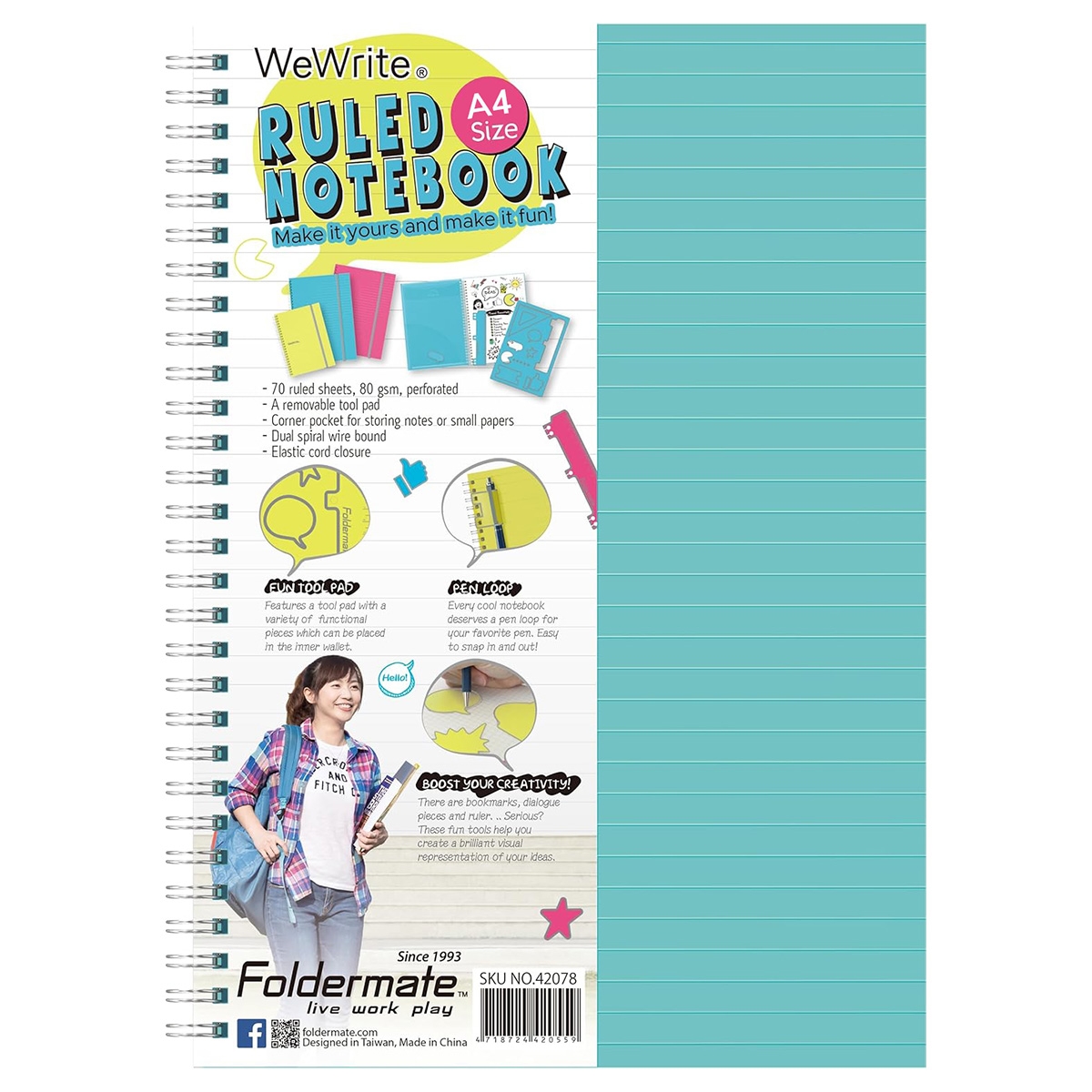 فوردورمايت دفتر بسلك حلزوني بحجم A4، 70 ورقة، وزن 80 غرام، تصميم وي رايت، لون باستيل، لمادة واحدة، ألوان متنوعة، مجموعة من 10