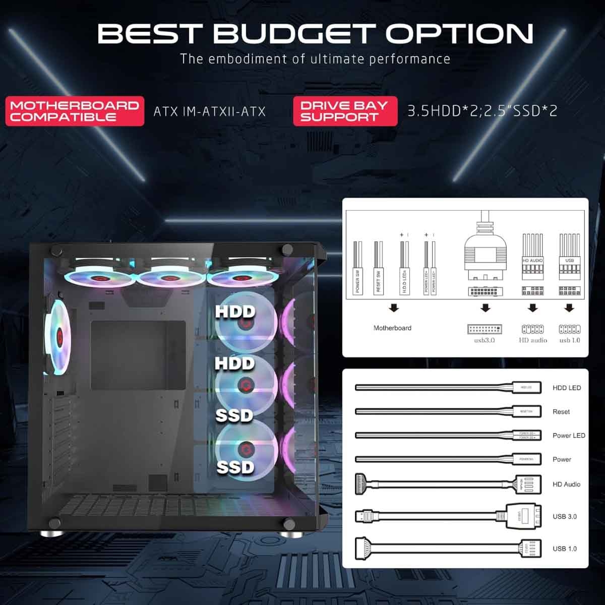 جيم أون كيس كمبيوتر متوسط الحجم للألعاب من سلسلة Emperor Midnight III باللون الأسود