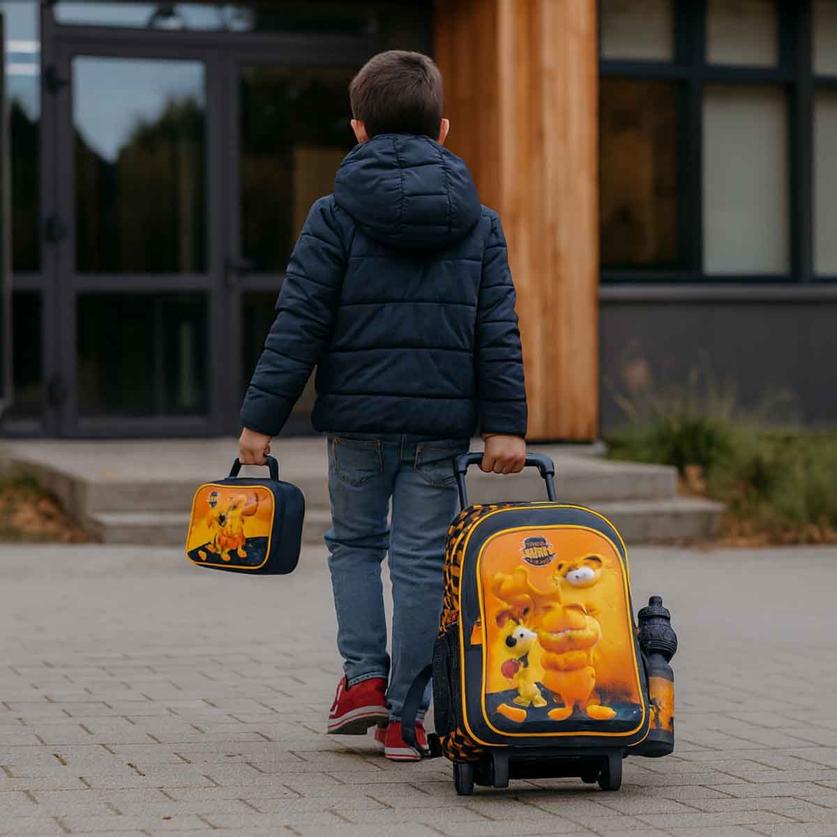 غارفيلد مجموعة حقيبة ترولي مدرسية باللون الأزرق الداكن مقاس 18 انش مع حقيبة غداء ومقلمة وزجاجة مياه وصندوق طعام