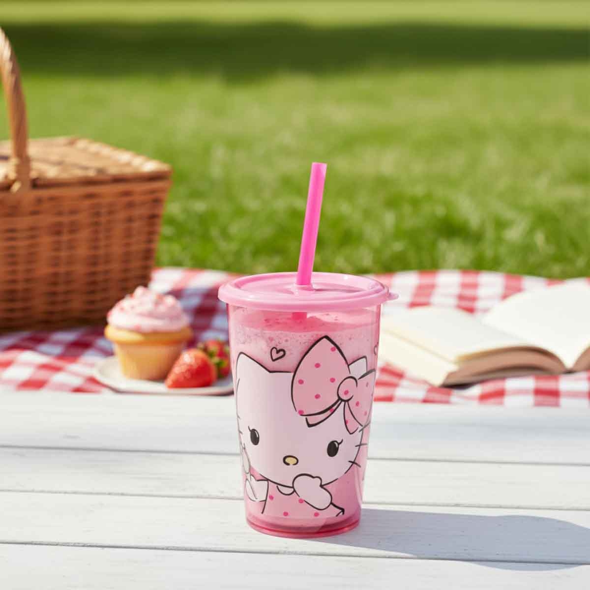هيلو كيتي كوب شفاف وردي لطيف مع شفاطة