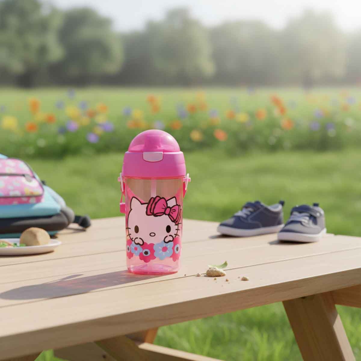 هيلو كيتي زجاجة ماء بغطاء شفاطة قابل للفتح