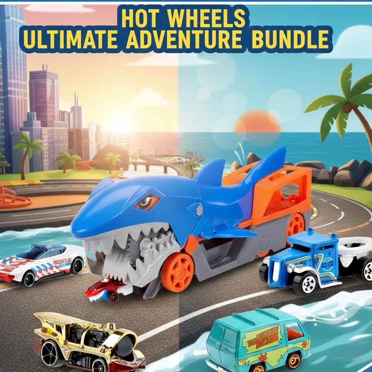 هوت ويلز مجموعة سيارة بيسك متنوعة مع طقم ناقل سمكة القرش، للجنسين، 3-4 سنوات