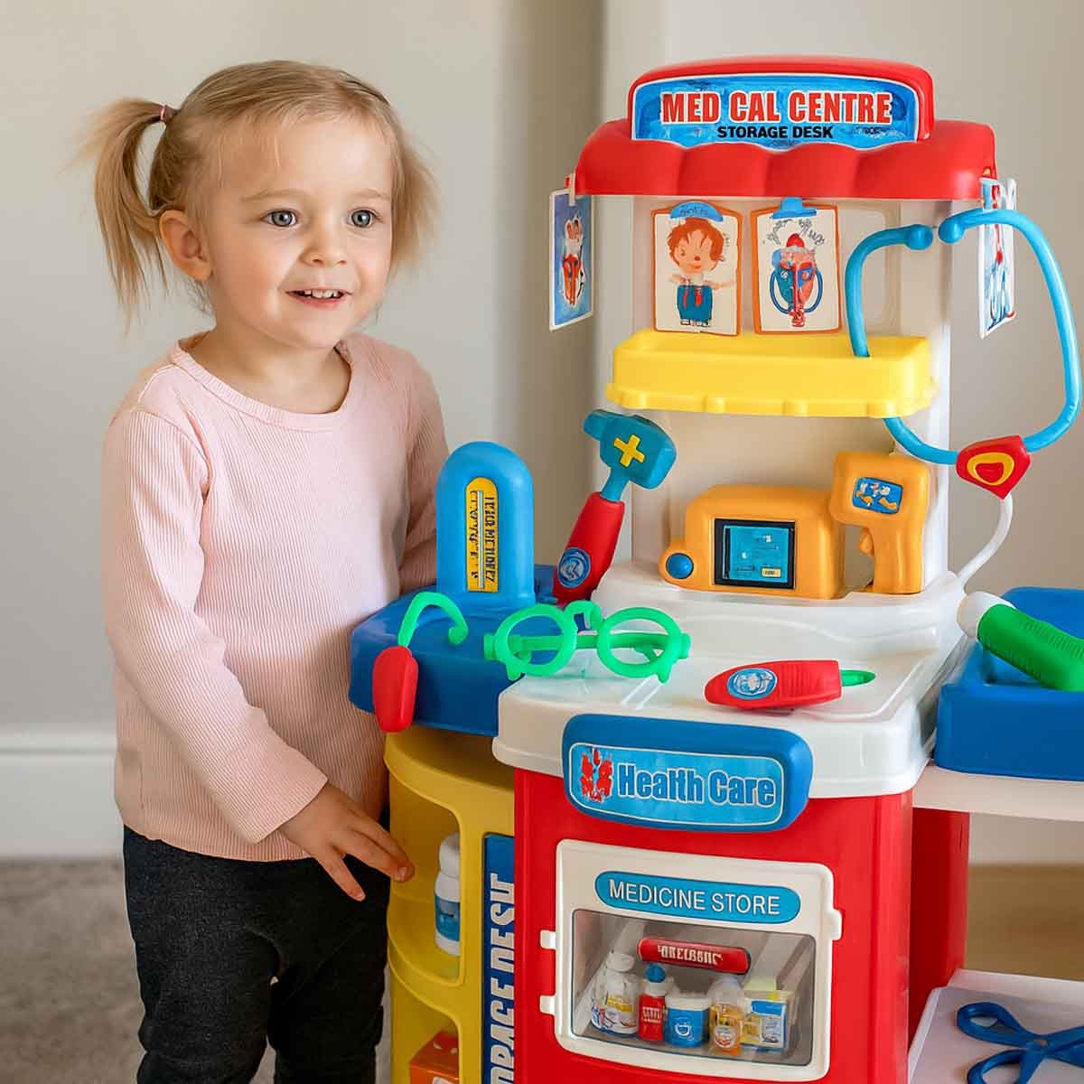 هوايدا تويز مجموعة مركز طبي 2-في-1 مع مكتب تخزين وتجهيزات تجميل، للجنسين، 3-4 سنوات