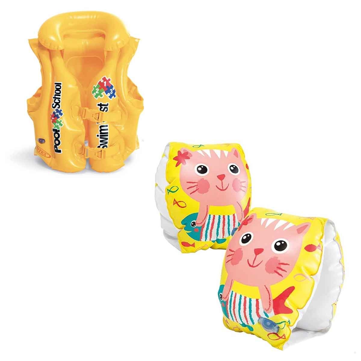 إنتكس مجموعة عوامات أذرع قطة سعيدة مع سترة سباحة مدرسة السباحة للأطفال عمر 0-2 سنوات