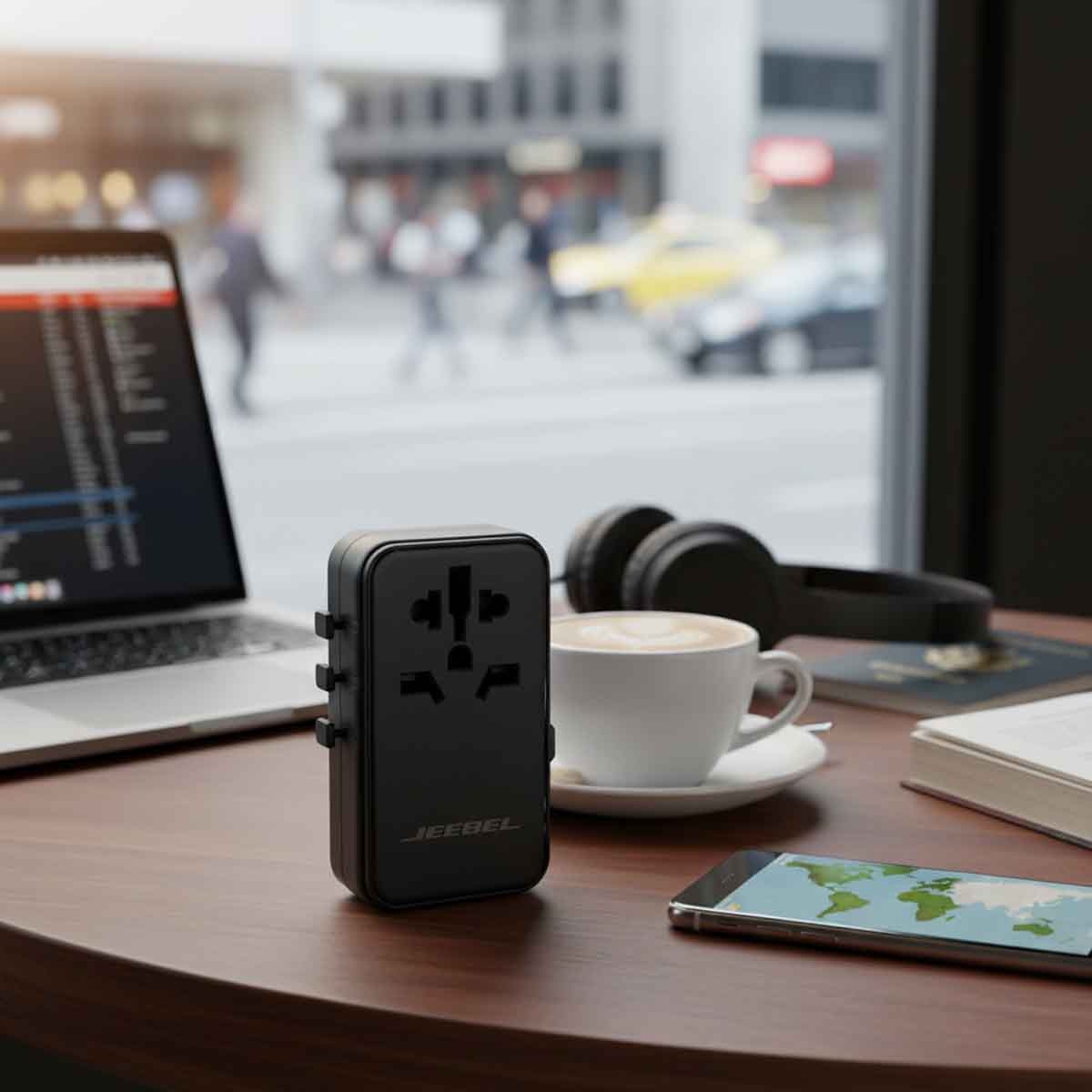 جيبل محول سفر عالمي 65 واط GaN مع كابل USB-C مدمج باللون الأسود