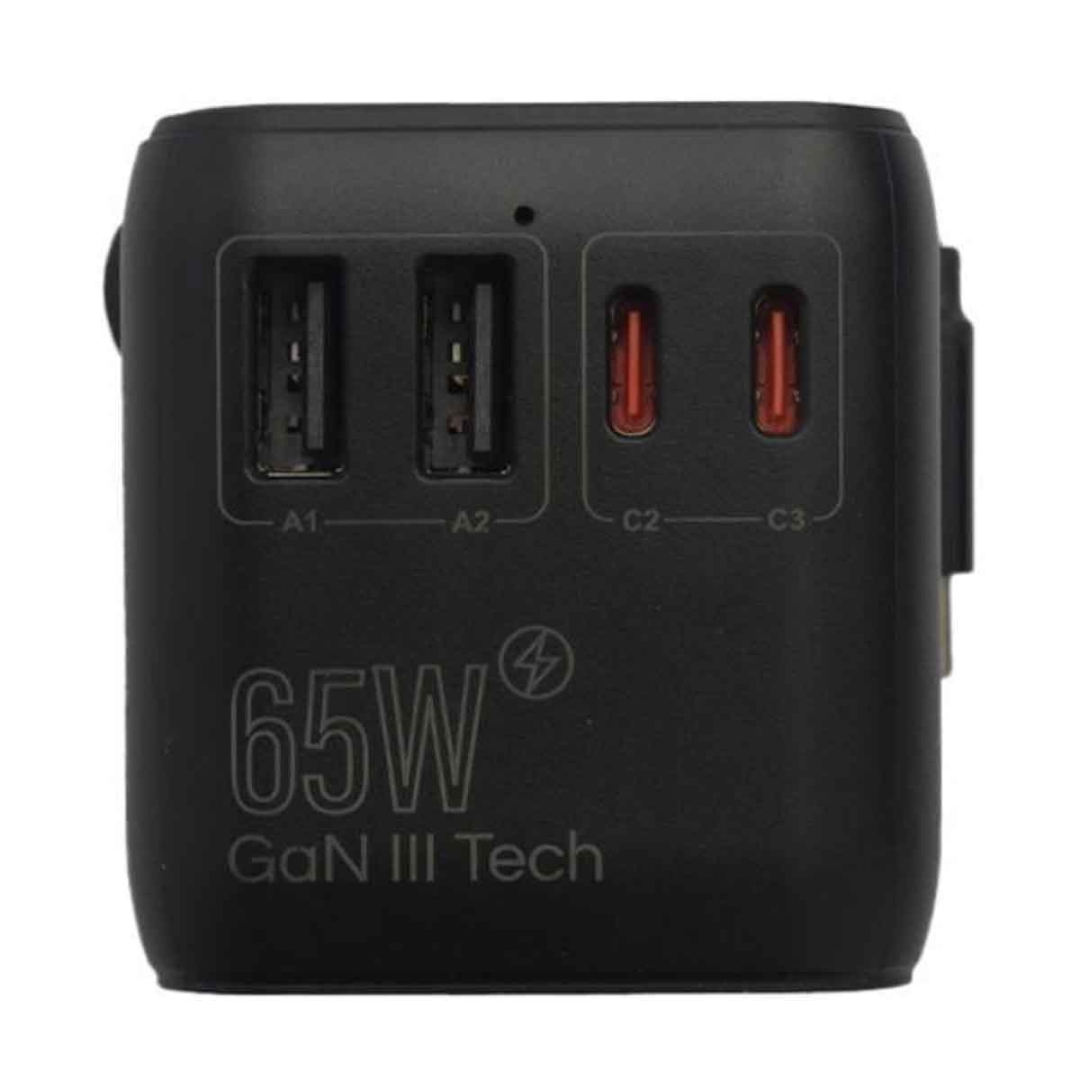 جيبل محول سفر عالمي 65 واط GaN مع كابل USB-C مدمج باللون الأسود