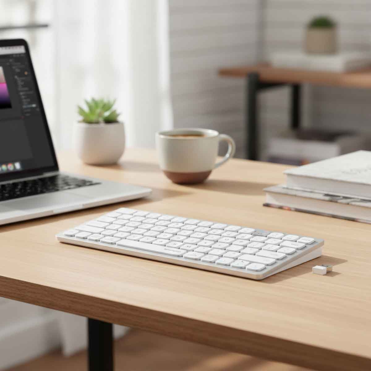 كينسينغتون لوحة مفاتيح لاسلكية مدمجة متعددة الأجهزة مزدوجة الاتصال أبيض