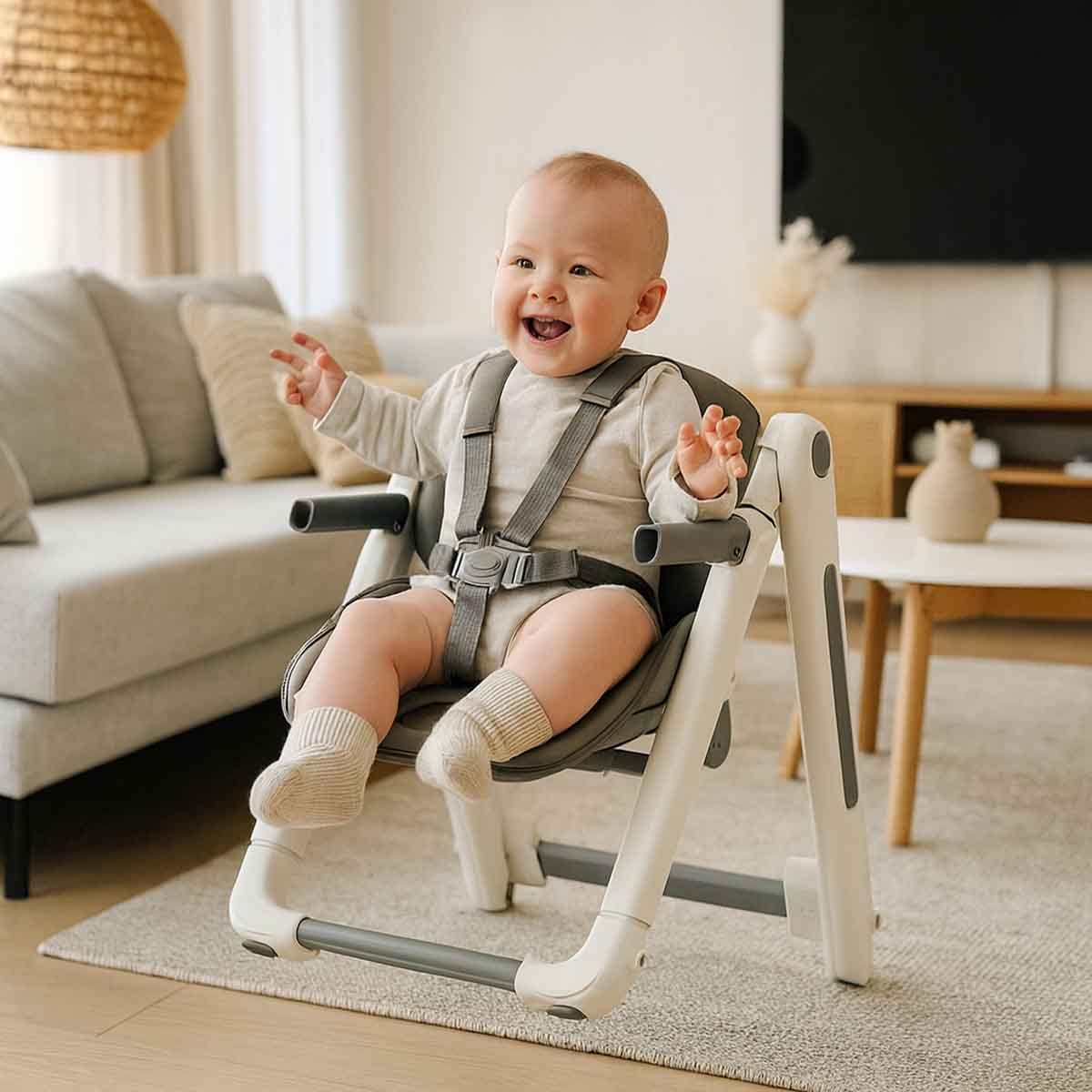 كيكي بيبي كرسي طعام مرتفع للأطفال باللون الرمادي مع 3 مستويات لارتفاع المقعد من عمر 0-2 سنة