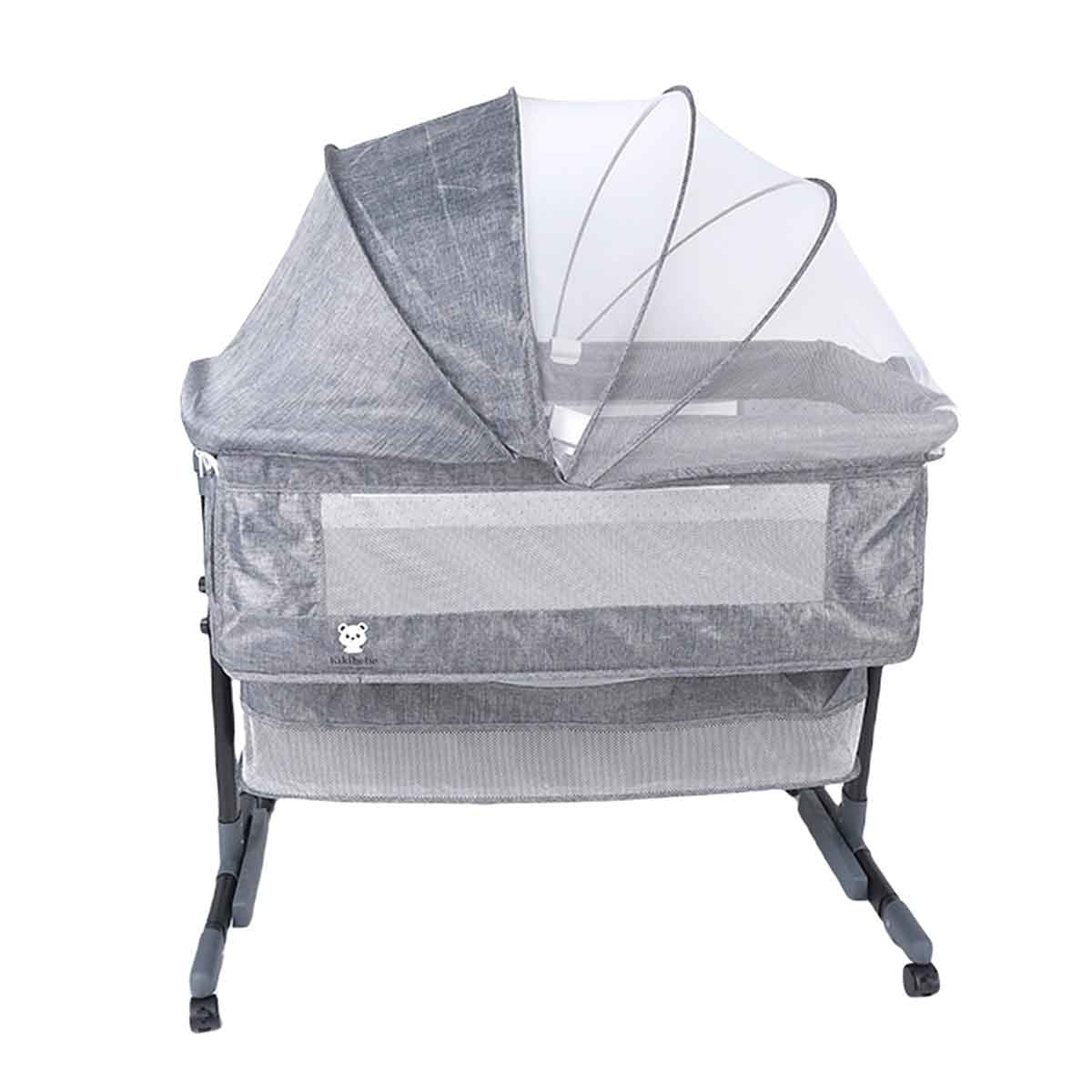 كيكي بيبي سرير جانبي للأطفال 3 في 1 باللون الرمادي الفاتح مع سلة تخزين وناموسية ومرتبة قابلة للتنفس من عمر 0-2 سنة