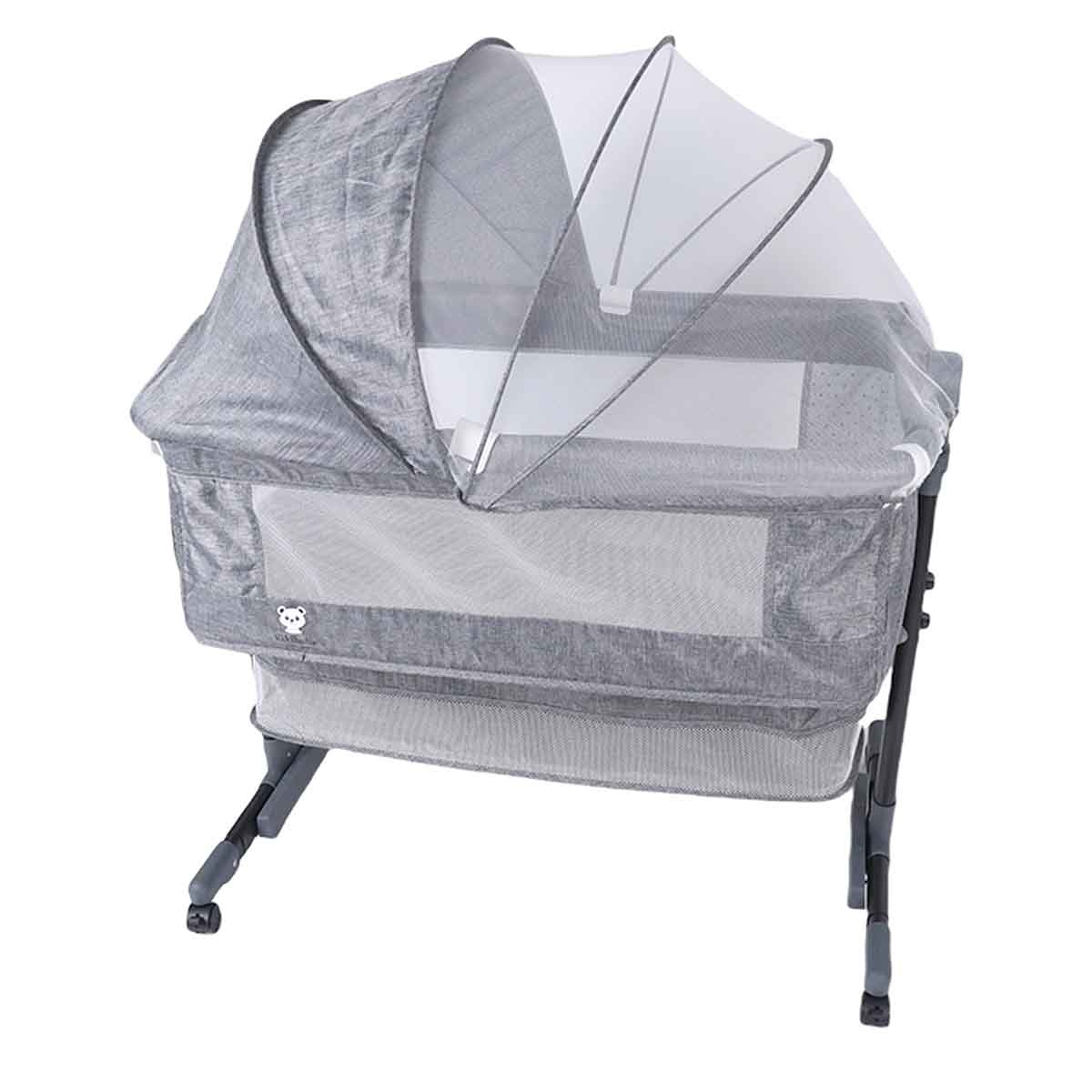 كيكي بيبي سرير جانبي للأطفال 3 في 1 باللون الرمادي الفاتح مع سلة تخزين وناموسية ومرتبة قابلة للتنفس من عمر 0-2 سنة